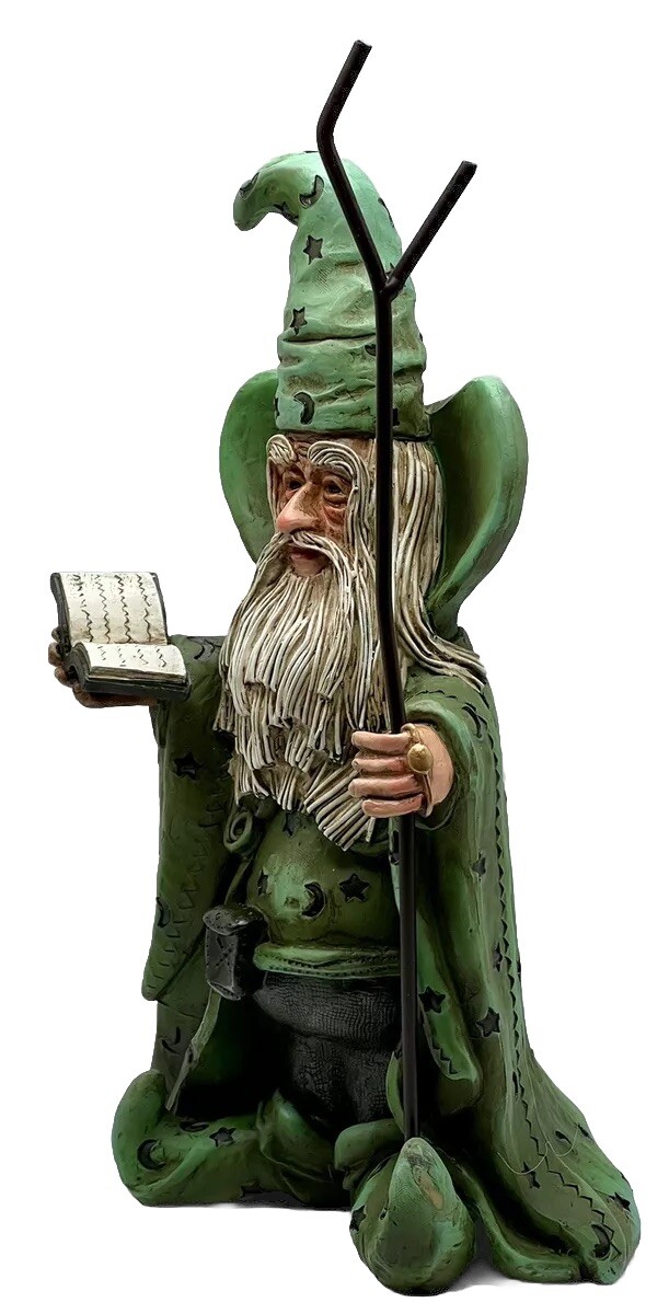 WIZARD FIGURINE REALISTIC FEATURES RESIN MERLIN GREEN MOON & STARS 11” TALL