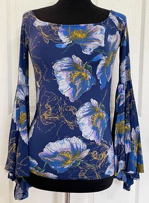 Free People We The Free Blue Birds Of Paradise Top Flared Sleeves Size S