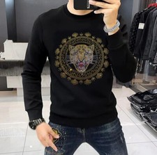 New Men Luxury Diamond Tiger Rhinestones Fashion Black White Hoodie High Quality