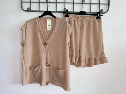 Women 2 Piece Co-Ord Set Ladies Gold button top and short set Stylish Loungewear - Picture 12 of 27
