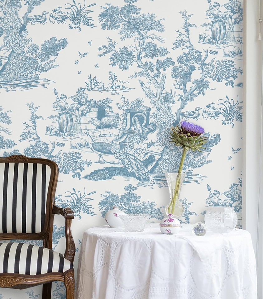 Peel and Stick Wallpaper Blue and White Wallpaper Toile Removable Self