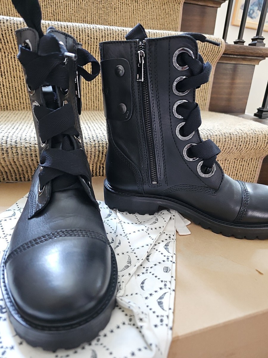 Zadig & Voltaire Joe Boots Black Leather Lace Up Zip Logo