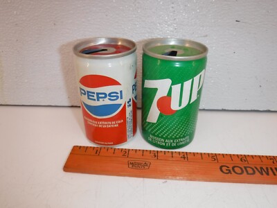 Vintage Pepsi-Cola / 7Up Metal Mini  5.3oz. Empty Pull Tab Soda Cans. Holland.