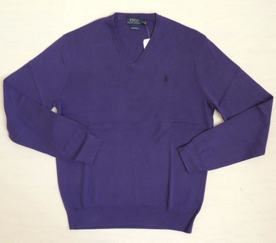 Polo Ralph Lauren Blue Label Pima Cotton V neck Pony Classic Purple Sweater M