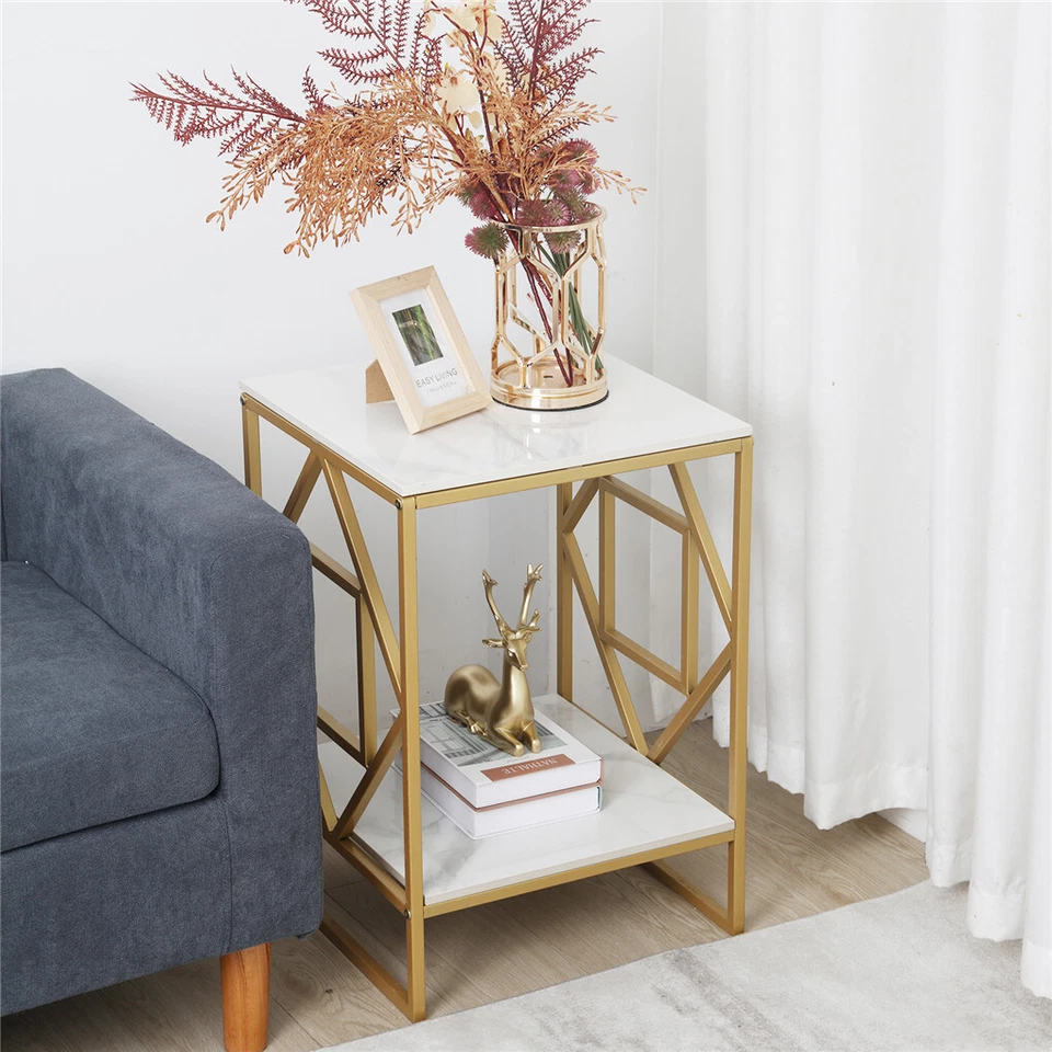 Modern Geometry Metal Base Accent Table Marble Top End Snack Side Table 2 Tiers - Image 3 of 4