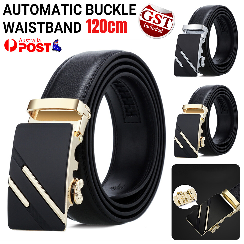 Luxury Men's Leather Belt Automatic Buckle Ratchet Waist Strap Jeans Dress 120cm