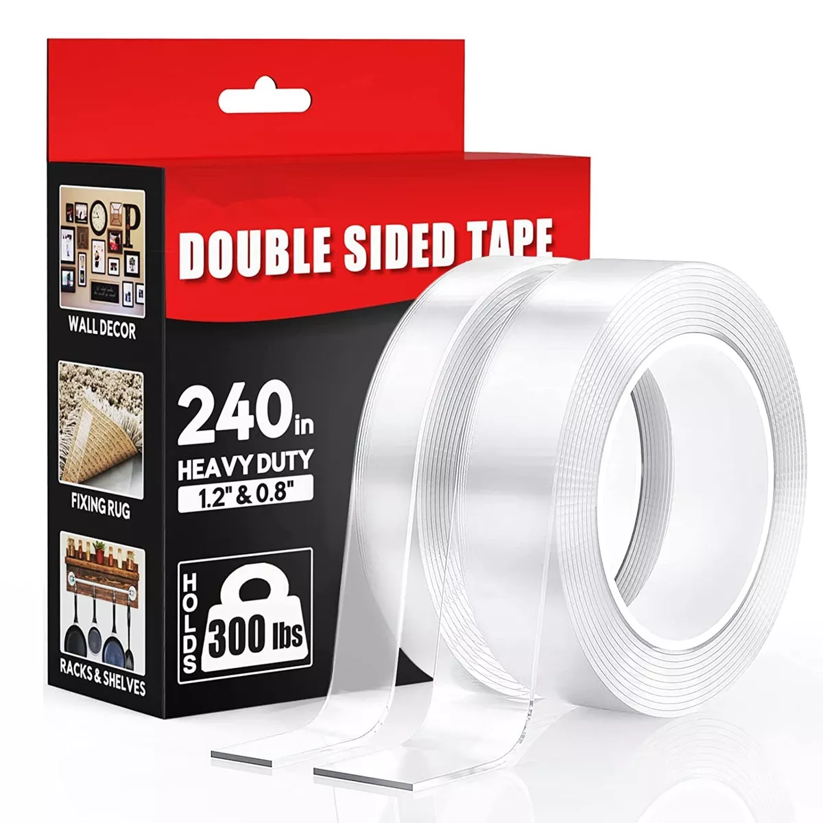 2 Rolls Total 20FT Double Sided Tape Heavy Duty (0.8 & 1.2 Width)  Removable