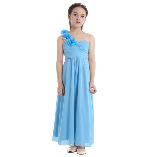 Flower Girl Long Dress One-shoulder Princess Maxi Wedding Bridesmaid Formal Gown - Picture 26 of 59