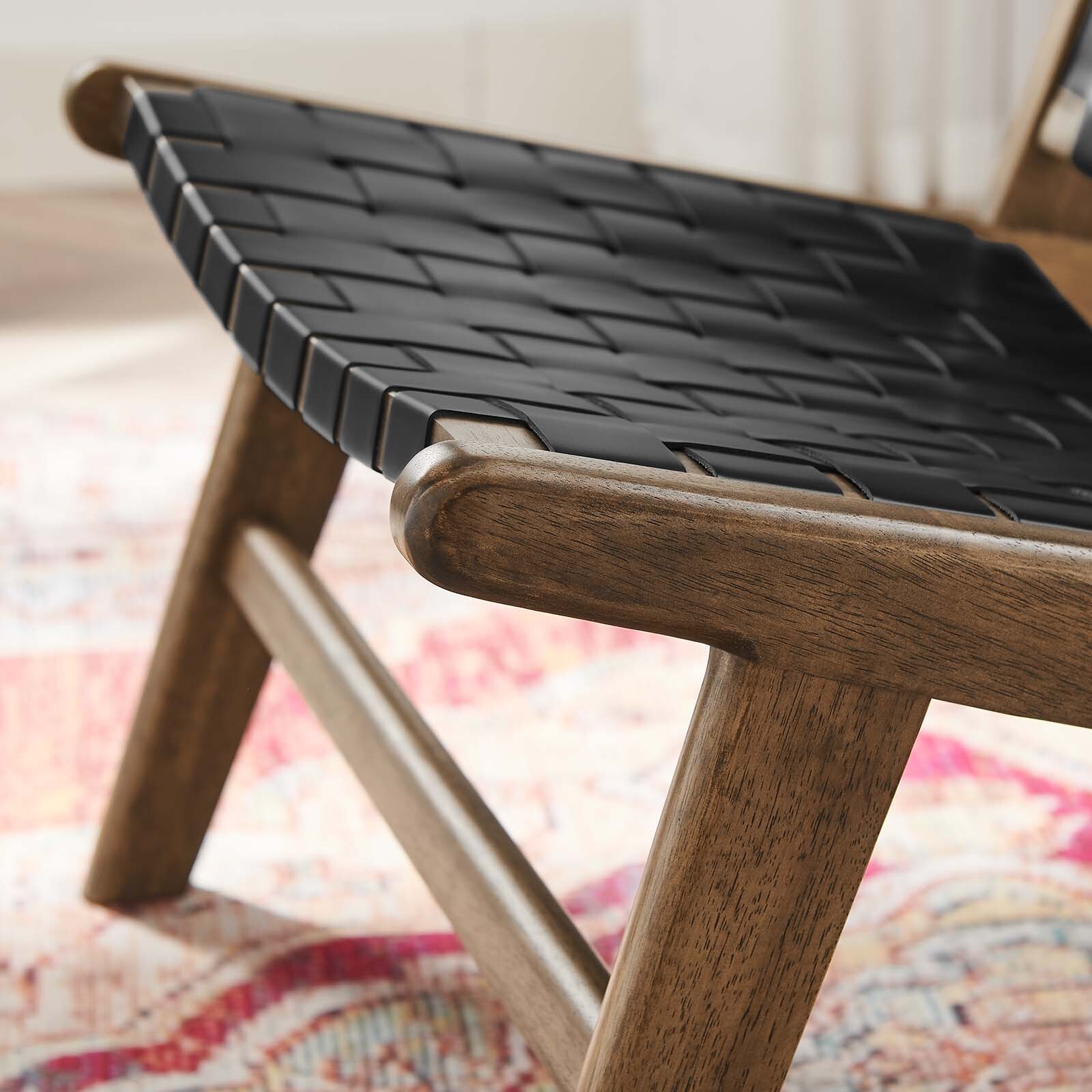 Saorise Wood Accent Lounge Chair - Woven Leather Seating in Walnut Black