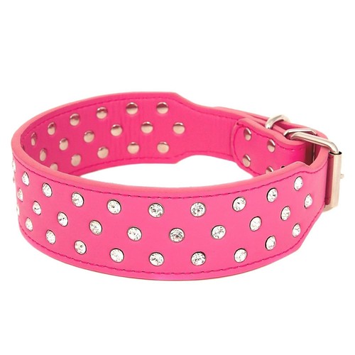 Rhinestone Dog Collar Leather Pitbull Diamonds Bling Pet Pup Non Spike S M L XL - Picture 16 of 18