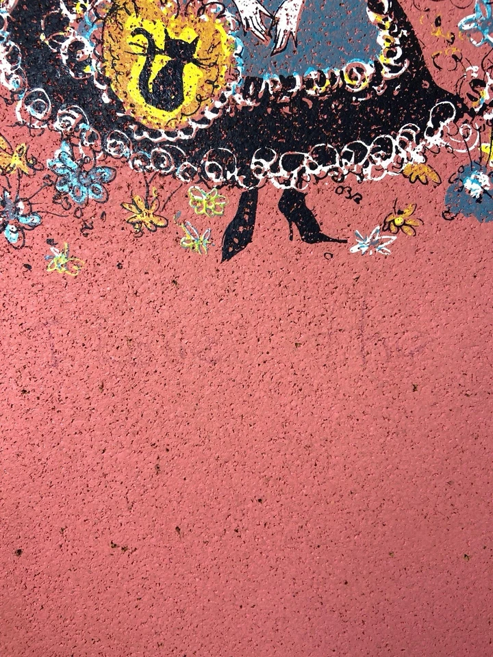 Vtg 1970’s MCM Pink Cork Bulletin Board Wood Frame Girl With Cat 25.5”x13.5” HTF - Image 4 of 4