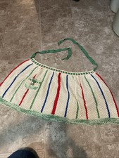 Vintage Crocheted Half Apron Multicolor W Pocket Ribbon Tie