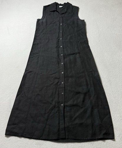 Eileen Fisher 100% Linen Dress Women’s Small Full Length Maxi Black Button Up