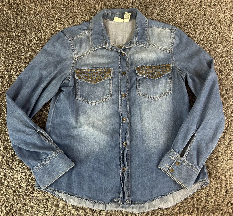 Camisa Mudd estilo ocidental feminina jeans azul média manga longa bolsos cravejados - Imagem 4 de 4