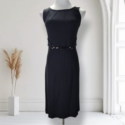 Malo Italy Black Sleeveless Sheath Dress 38 Crepe Belted Minimalist Career