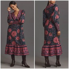 Farm Rio x Anthropologie Puff-Sleeve V Neck Midi Dress Size Small Floral New