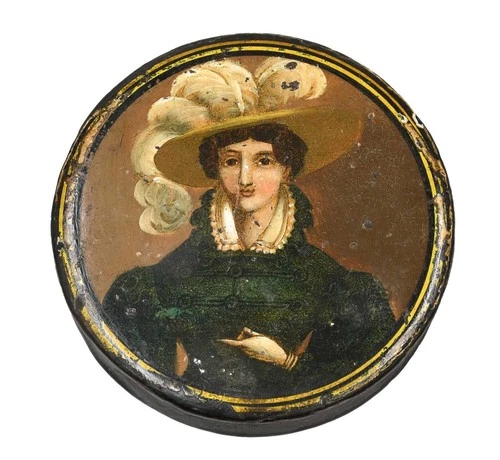 Antique Papier Mache snuff/patch box painted portrait of a lady c1820-30's. - Picture 1 of 2