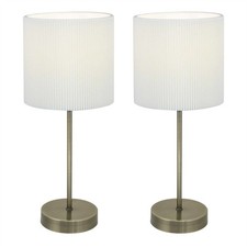 Set of 2 Modern Antique Brass 35cm Table Lamps Bedside Lights White Pleat Shades