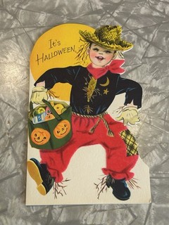 Vintage 1950's Halloween Greeting Card BUZZA/CARDOZO Boy Scarecrow Unused