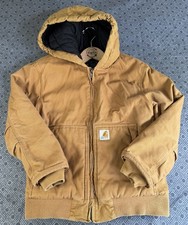 Carhartt Jacket Youth Medium 10-12 Canvas Hood Quilted Insulated Brown OJ8545-B