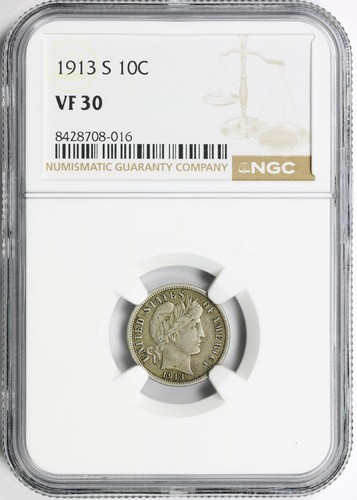 1913-S 10c Barber Dime NGC VF30 Better Date San Francisco Silver