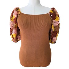 Top Cato Floral Crochet Manga Abullonada XL Marrón Acanalado Tejido Boho Primavera Nuevo con Etiquetas