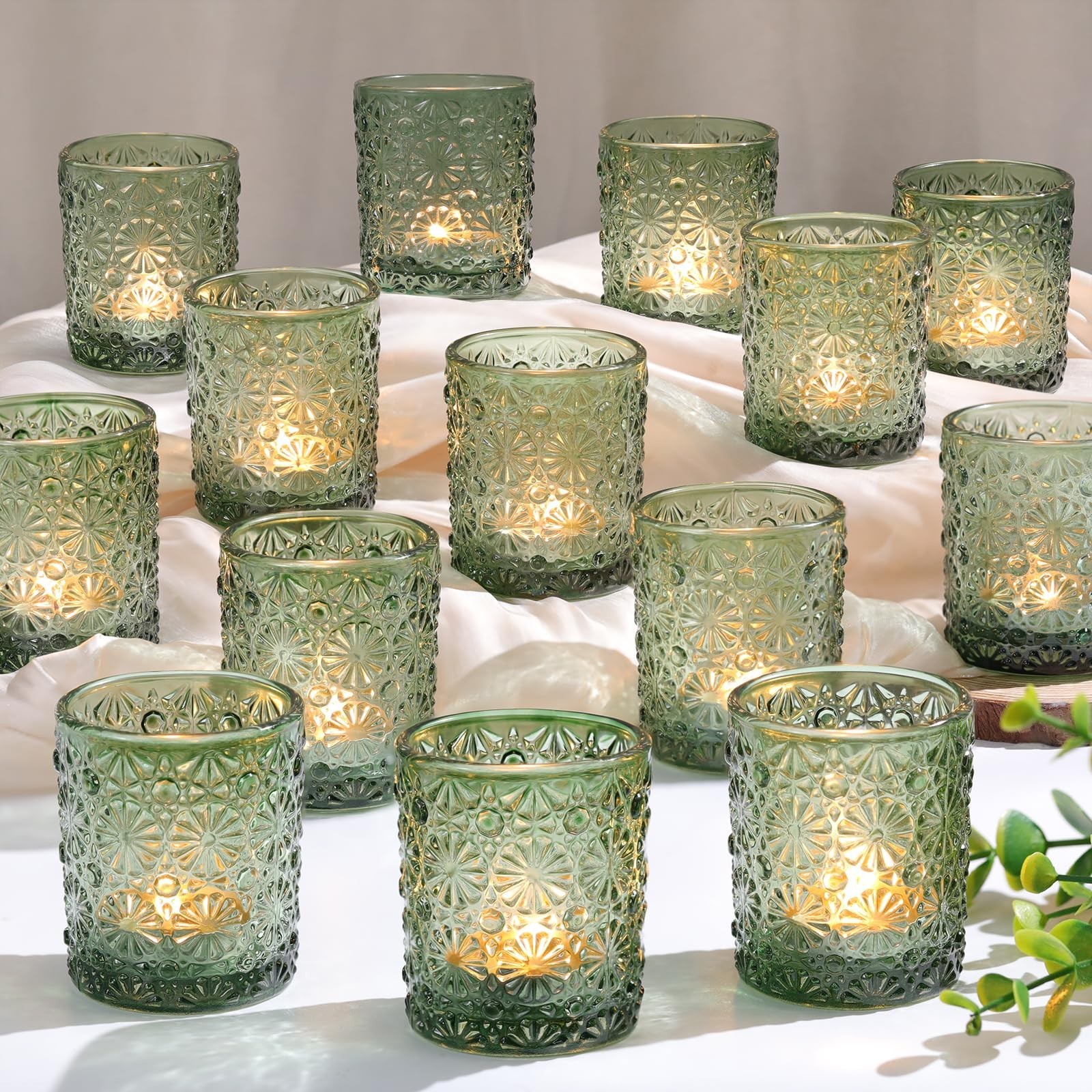 Green Votive Candle Holder Set Of 36, Flower Tea Lights Candles Holders For W...