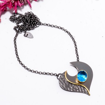 London Blue Topaz Gold Rhodium 925 Sterling Silver Chain Pendant 16-18'' Sku20