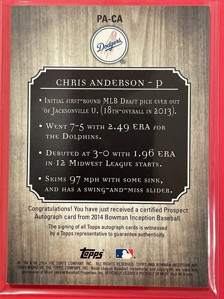 2014 Bowman Inception Chris Anderson Prospect Auto #PA-CA Baseball Dodgers - Image 2 of 2