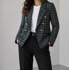 Rachel Zoe Green Tweed Blazer Women's M Silver Buttons Structured Career Jacket