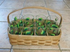 MCM SET 8 VINE IVY DRINKING GLASSES W/ BASKETVILLE VERNON SPLIT OAK BASKET HOLDE