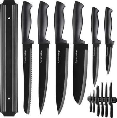 Kitchen Knife Set with No Drilling Magnetic Strip for Kitchen Black Titanium ...