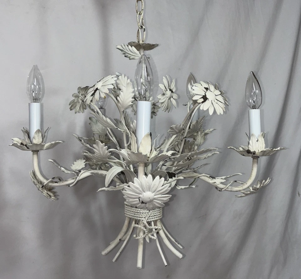 Vintage White Toleware Chandelier 5 Light Floral 22"D Italian? - Image 4 of 4