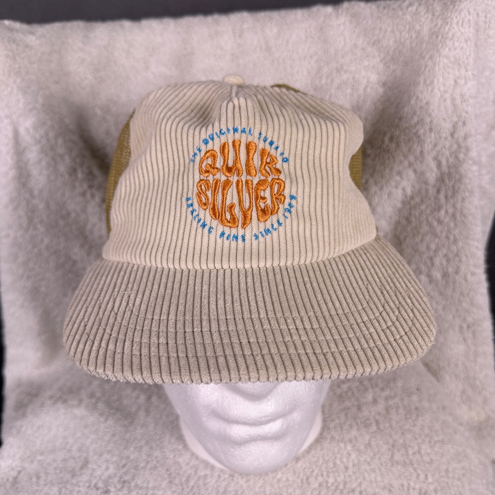 Quiksilver Corduroy Snapback Hat Beige Psychedelic Logo Mesh Cap Surf Skate
