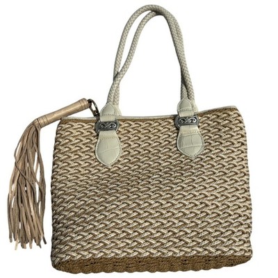 BRIGHTON EVA STRAW TOTE   Sand Pearl Metallic Leather Trim Handbag with Tassel