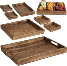 Wooden Serving Trays, 7 Piece Set, Rustic Nesting Food Trays with Handles