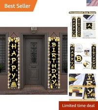 Black Gold Happy Birthday Banner with LED Lights Party Porch Door Decorations