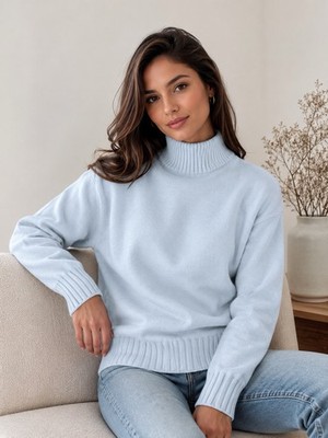 MNG Womens Blue Light High Neck Puff Sleeve Knit Sweater Size M