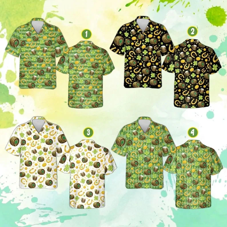 St. Patrick's Day Hawaiian Shirt 4 Styles Beer Barrel Lucky Shamrock Party Wear
