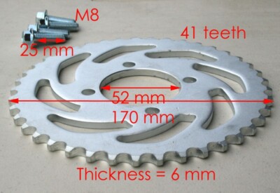 420 41T 52mm Rear Chain Sprocket – Silver, Stainless Steel – Fits CRF50 / XR50 / SSR / SDG Pit Bikes