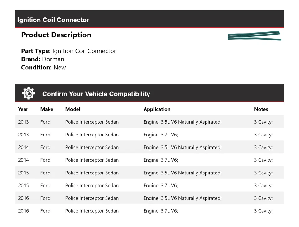 Conector de bobina de encendido Dorman para Ford Police Interceptor 2013-2016 sedán 2014 Foto 2 de 4