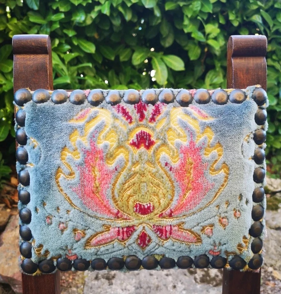 Rare Ancienne Magnifique Chaise Enfant en Bois Tapisserie Clouté Dossier Haut - Photo 3/4