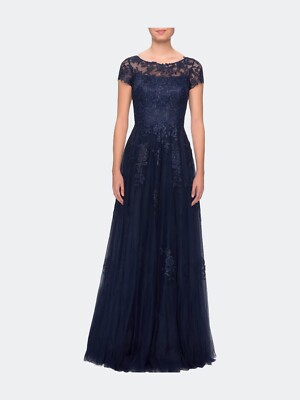 New LA FEMME Beaded Lace Rhinestone A-line Evening Gown In