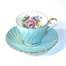 AYNSLEY Bone China Rose Bouquet Blue Swirl Teacup and Saucer Gold Trim #26