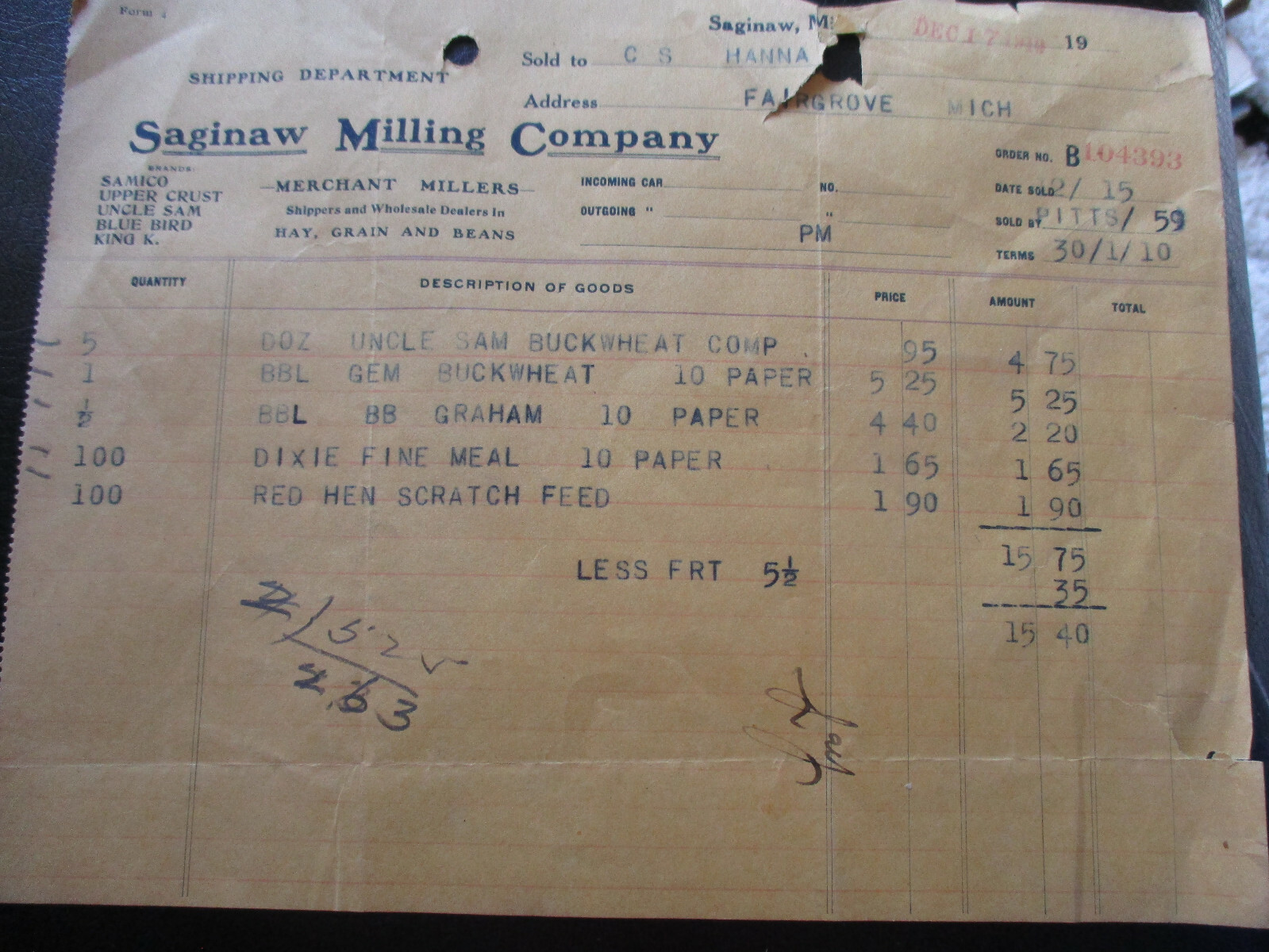 1910 Antique Vtg Ephemera Letterhead Billhead Saginaw MI MILLING Co. Receipt