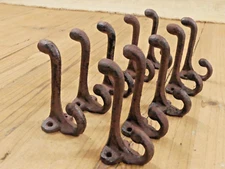 10 RUSTIC COAT HOOKS CAST IRON ACORN 3 1/4" LONG HOOK HAT WALL VINTAGE LOOKING