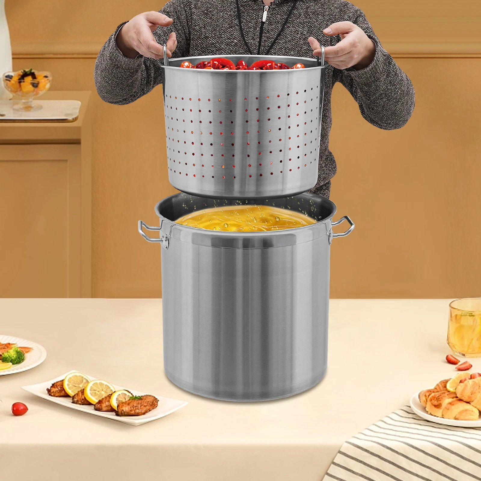 20QT Cooking Pot Set 14.8*13.8in Stainless Steel Soup Pot Draining Bucket w/ Lid