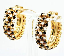 Vintage Black & White Faceted Glass Rhinestone Hoop Earrings Gold Tone Clip On