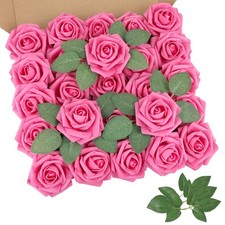 25pcs Real Looking Artificial Hot Pink Roses w/Stem for DIY Wedding Bouquets ...