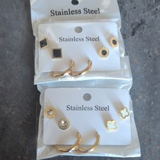 Stainless Steel Stud & Hoop Earrings Set, Gold Tone, Butterfly Backs